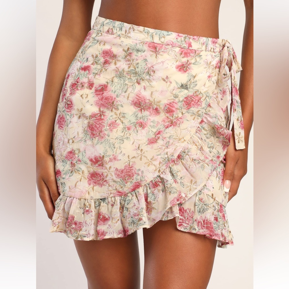 Lulus Cream Floral Embroidered Faux-Wrap Mini Skirt